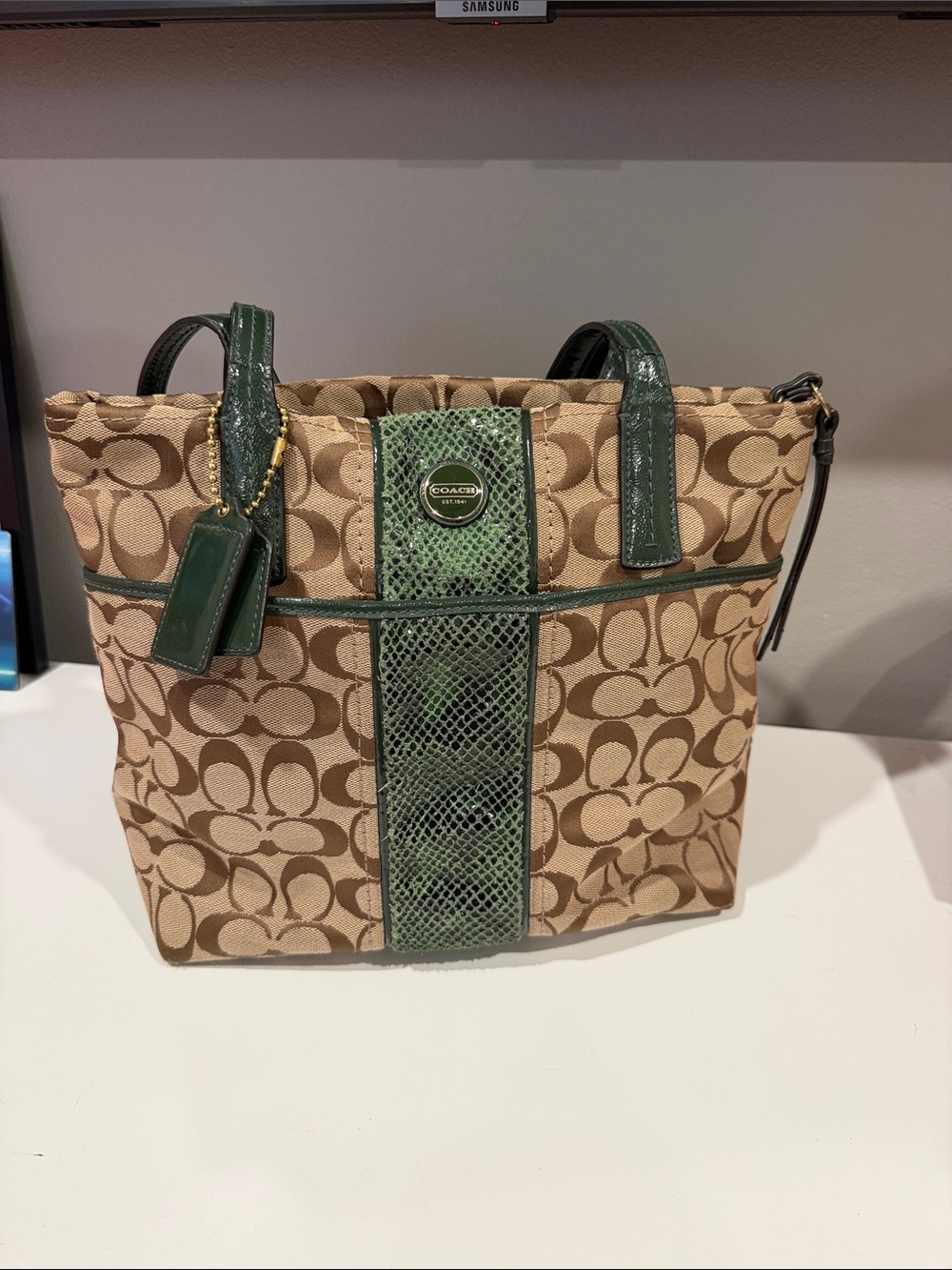 Coach Beige Signature Canvas Tote with Green Leather & Snakeskin Trim